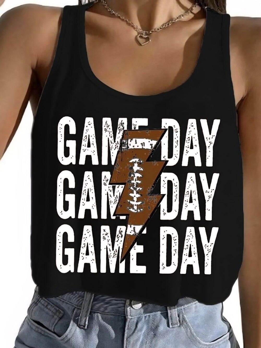 GAME DAY Black Tank Top with Brown Lightning Football Graphic -